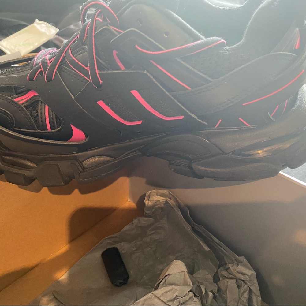 Balenciaga’s Womens “Black Neon Pink” track sneakers